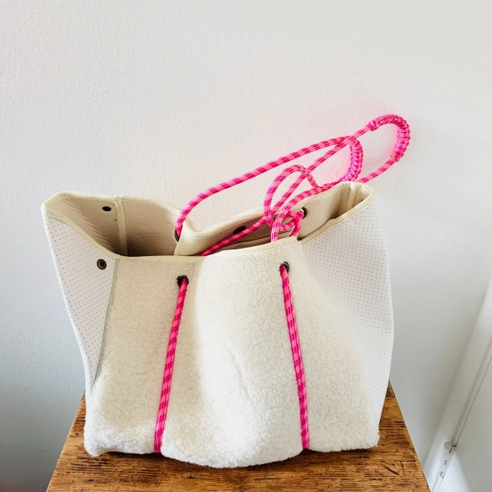 Anthropologie Annie Faux Sherpa Tote Bag in Crema with Pink Cord Handle